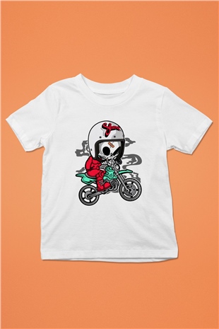 Skull Motocrosser Baskılı Beyaz Unisex Çocuk Tshirt