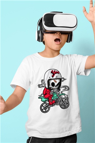 Skull Motocrosser Baskılı Beyaz Unisex Çocuk Tshirt