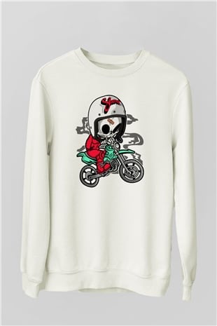 Skull Motocrosser Baskılı Beyaz Unisex Sweatshirt