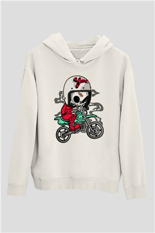 Skull Motocrosser Baskılı Beyaz Unisex Hoodie
