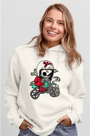 Skull Motocrosser Baskılı Beyaz Unisex Hoodie