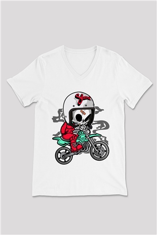 Skull Motocrosser Baskılı Beyaz Unisex V Yaka Tişört