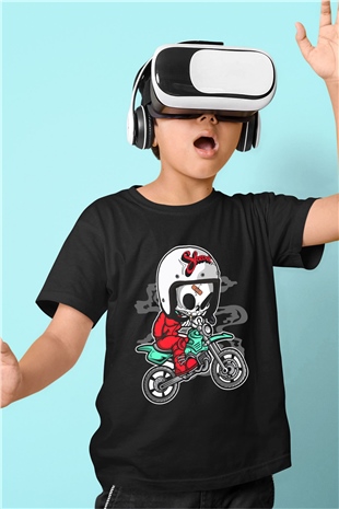 Skull Motocrosser Baskılı Siyah Çocuk Unisex T-Shirt