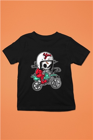 Skull Motocrosser Baskılı Siyah Çocuk Unisex T-Shirt