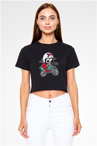Skull Motocrosser Baskılı Siyah Kadın Crop Top Tişört