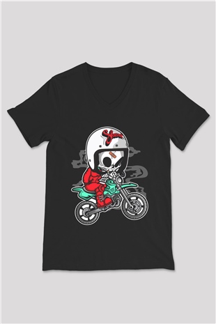 Skull Motocrosser Baskılı Siyah Unisex V Yaka Tişört