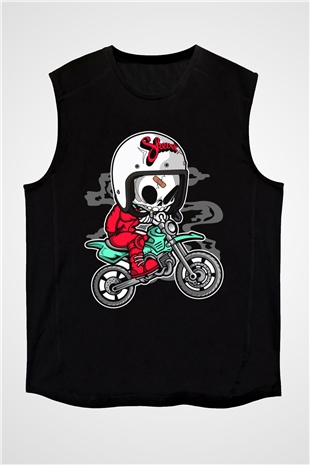 Skull Motocrosser Baskılı Siyah Unisex T-Shirt