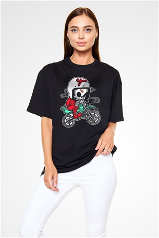 Skull Motocrosser Baskılı Siyah Unisex Oversize Tişört