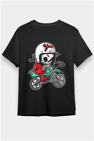 Skull Motocrosser Baskılı Siyah Unisex T-Shirt