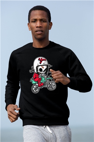 Skull Motocrosser Baskılı Siyah Unisex T-Shirt