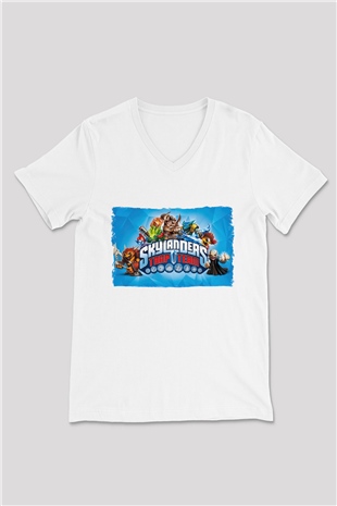 Skylanders Beyaz Unisex V Yaka Tişört