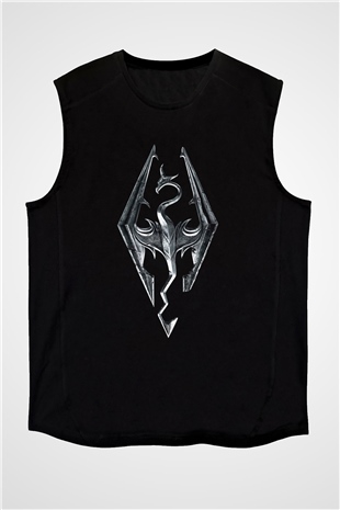 Skyrim Baskılı Unisex Siyah Kolsuz Tişört - Tshirt