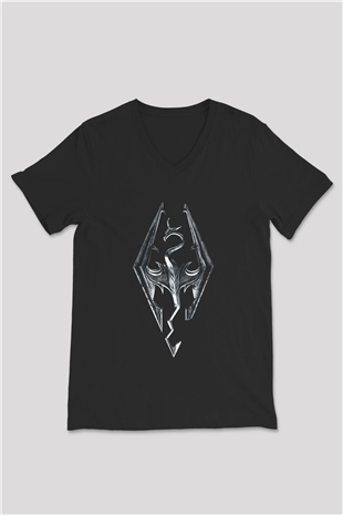 Skyrim Baskılı Unisex Siyah V Yaka Tişört - Tshirt