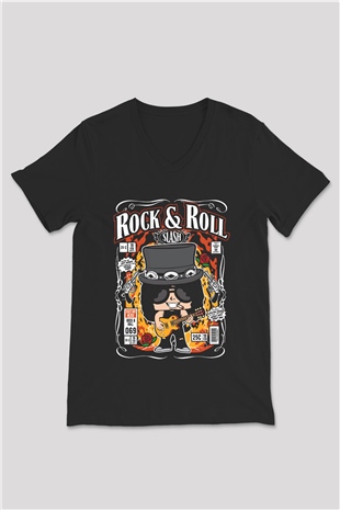 Slash Baskılı Unisex Siyah V Yaka Tişört