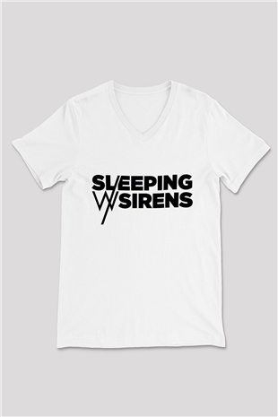 Sleeping with Sirens Beyaz Unisex V Yaka Tişört T-Shirt
