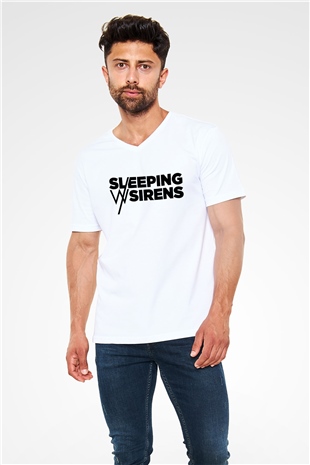 Sleeping with Sirens Beyaz Unisex V Yaka Tişört T-Shirt