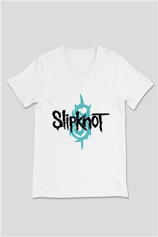 Slipknot Beyaz Unisex V Yaka Tişört T-Shirt - V Yaka Tişört Fabrikası