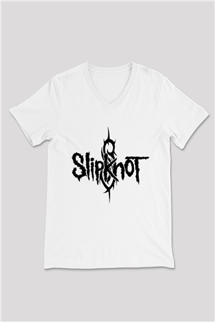 Slipknot Beyaz Unisex V Yaka Tişört T-Shirt - V Yaka Tişört Fabrikası