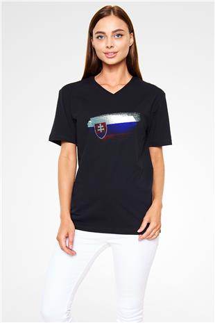 Slovakya - Slovakia Bayrağı Baskılı Unisex Siyah V Yaka Tişört