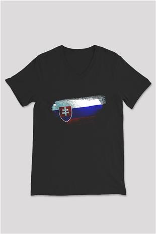 Slovakya - Slovakia Bayrağı Baskılı Unisex Siyah V Yaka Tişört