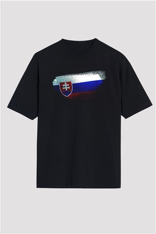 Slovakya - Slovakia Bayrağı Baskılı Unisex Siyah Oversize Tişört