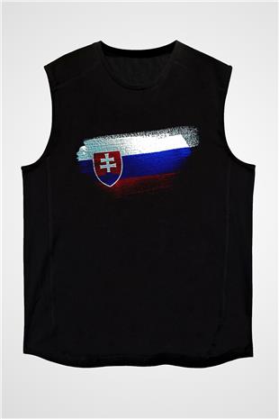 Slovakya - Slovakia Bayrağı Baskılı Unisex Siyah Kolsuz Tişört