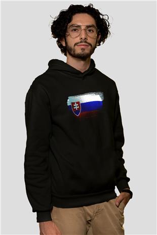 Slovakya - Slovakia Bayrağı Baskılı Unisex Siyah Kapüşonlu Sweatshirt