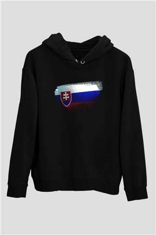 Slovakya - Slovakia Bayrağı Baskılı Unisex Siyah Kapüşonlu Sweatshirt