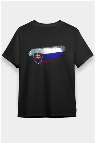 Slovakya - Slovakia Bayrağı Baskılı Unisex Siyah Tişört