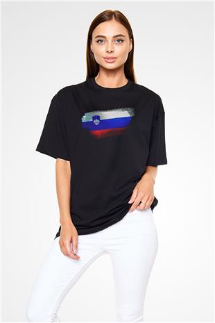 Slovenya - Slovenia Bayrağı Baskılı Unisex Siyah Oversize Tişört