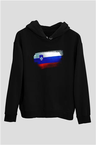 Slovenya - Slovenia Bayrağı Baskılı Unisex Siyah Kapüşonlu Sweatshirt