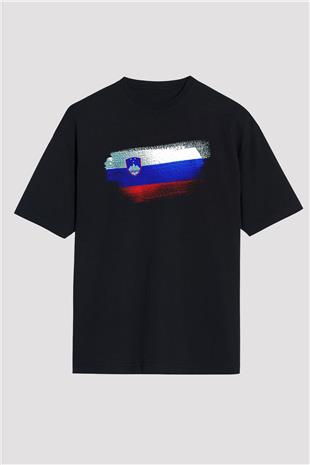 Slovenya - Slovenia Bayrağı Baskılı Unisex Siyah Oversize Tişört