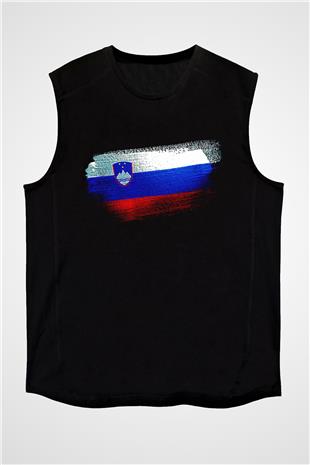 Slovenya - Slovenia Bayrağı Baskılı Unisex Siyah Kolsuz Tişört
