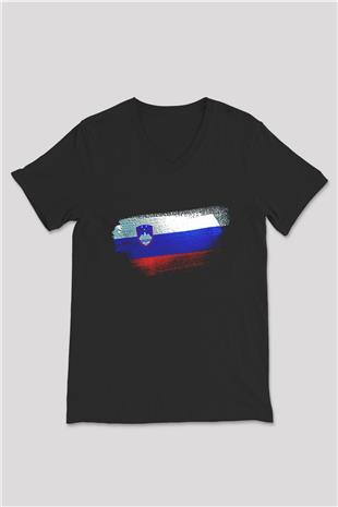 Slovenya - Slovenia Bayrağı Baskılı Unisex Siyah V Yaka Tişört