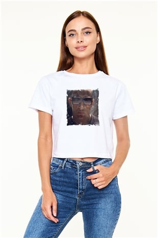 Snake Baskılı Beyaz Kadın Crop Top Tişört