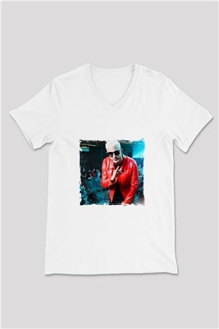 Snake Baskılı Beyaz V Yaka Unisex Tişört
