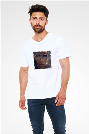 Snake Baskılı Beyaz V Yaka Unisex Tişört