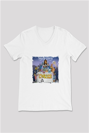 Snoop Dogg Baskılı Beyaz V Yaka Unisex Tişört