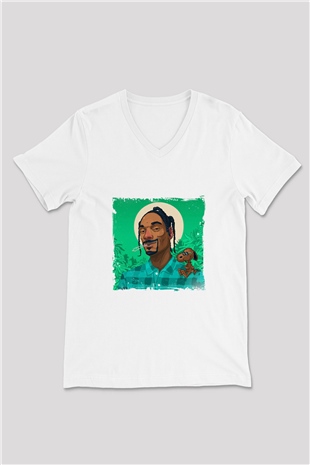 Snoop Dogg Baskılı Beyaz V Yaka Unisex Tişört
