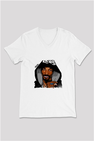 Snoop Dogg Baskılı Beyaz V Yaka Unisex Tişört