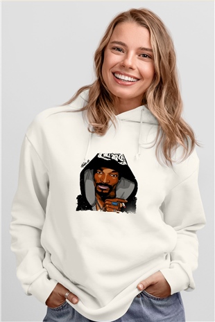 Snoop Dogg Baskılı Unisex Beyaz Kapüşonlu Sweatshirt