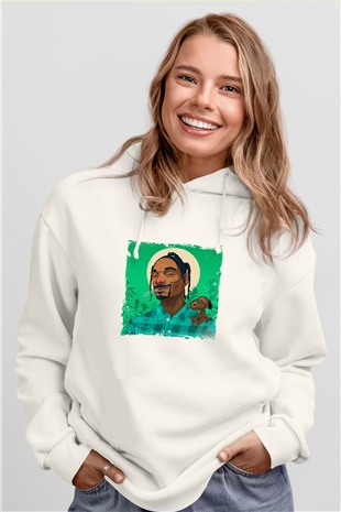 Snoop Dogg Baskılı Unisex Beyaz Kapüşonlu Sweatshirt