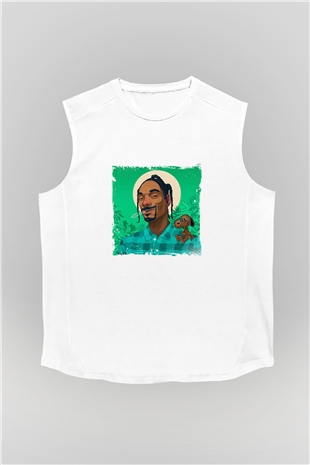 Snoop Dogg Baskılı Unisex Beyaz Kolsuz Tişört