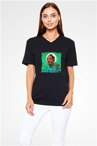 Snoop Dogg Baskılı Unisex Siyah V Yaka Tişört