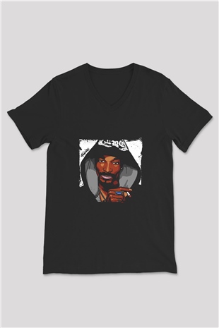 Snoop Dogg Baskılı Unisex Siyah V Yaka Tişört
