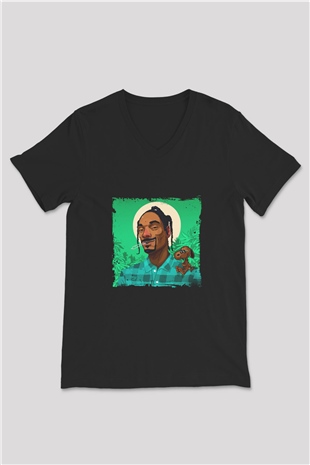 Snoop Dogg Baskılı Unisex Siyah V Yaka Tişört