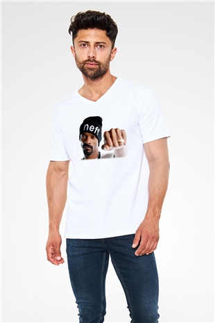Snoop Dogg Beyaz Unisex V Yaka Tişört T-Shirt - V Yaka Tişört Fabrikası