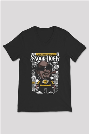 Snop Dog Baskılı Unisex Siyah V Yaka Tişört