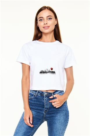 Snowboarding Baskılı Crop Top Beyaz Tişört - T-shirt
