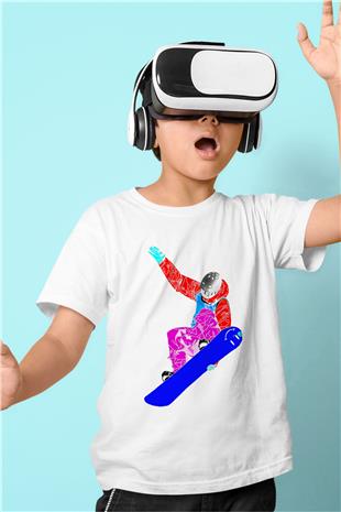 Snowboarding Baskılı Unisex Beyaz Çocuk Tişört - Tshirt